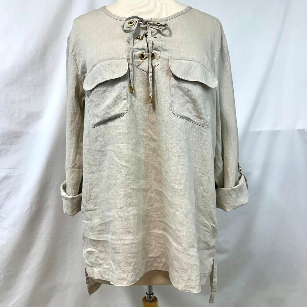 ELLEN‎ TRACY Beige 100% Linen Lace Up Blouse Pockets Roll Tab Sleeves Womens L